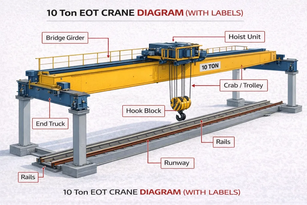10 ton EOT crane diagram labeled