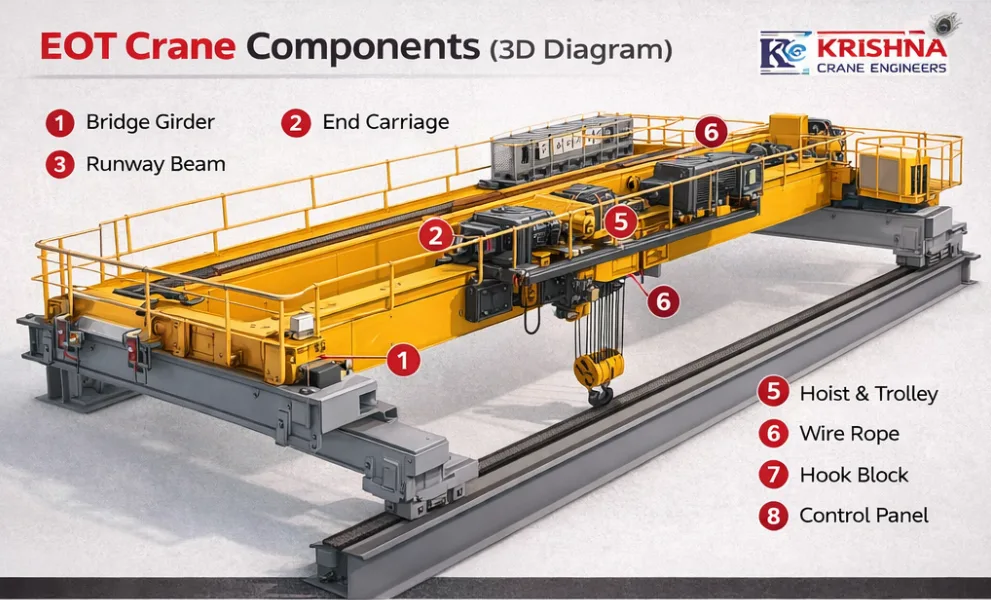 overhead crane diagram with labels showing major components